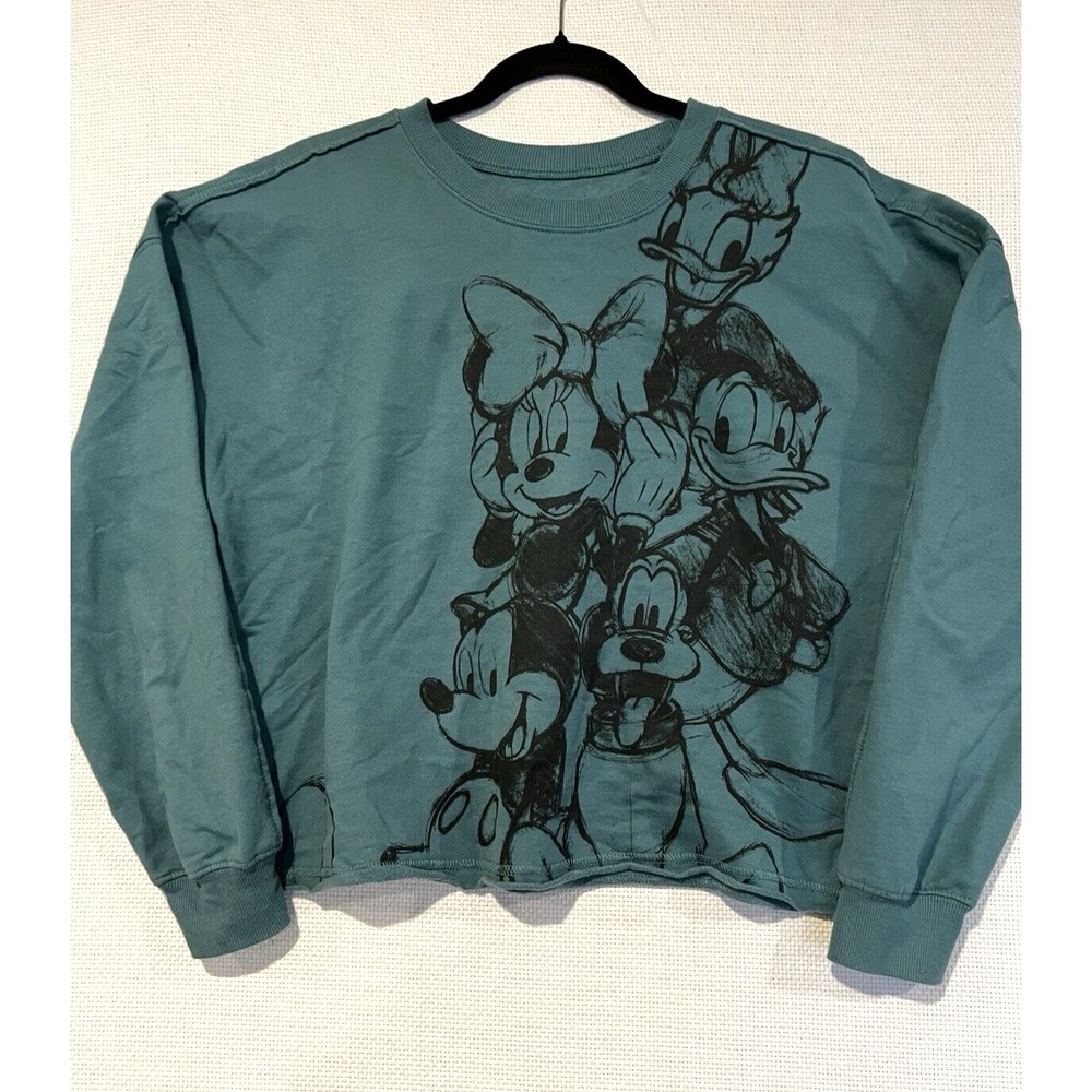 Disney Mickey and Friends Teal Cropped Sweatshirt Large Sketch Graphic Pullover‎